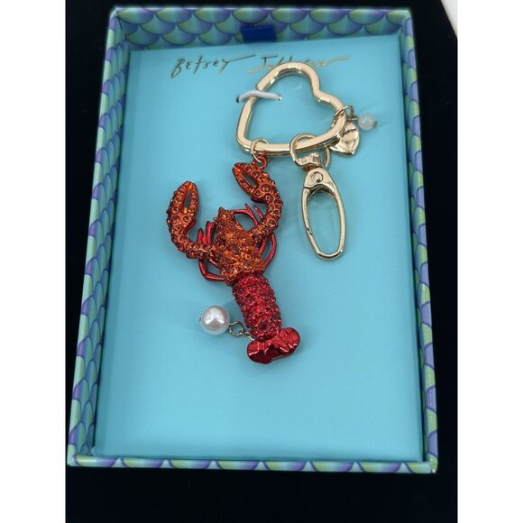 NIB Betsey Johnson Crystal Lobster Key Fob/Bag Charm Gold Tone Red - Picture 3 of 4